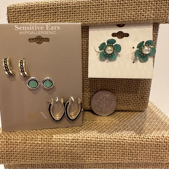 NWT 3 pair MIXIT Earrings- gold & silver tones w/ green accent; Dressbarn Flower - Picture 3 of 7